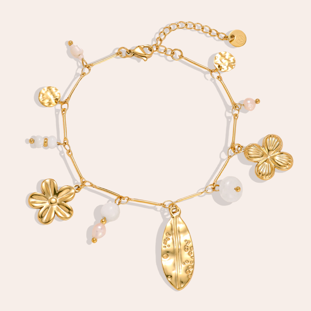 Stainless steel bracelet, 17 cm, with pearls, flowers and leaves
