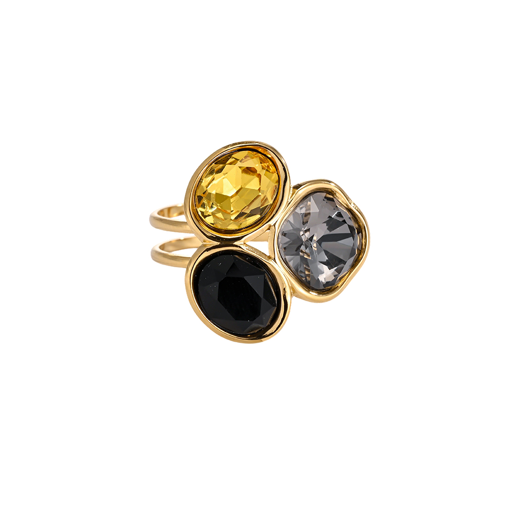 Stainless steel ring, adjustable, with three glass stones in different colours 