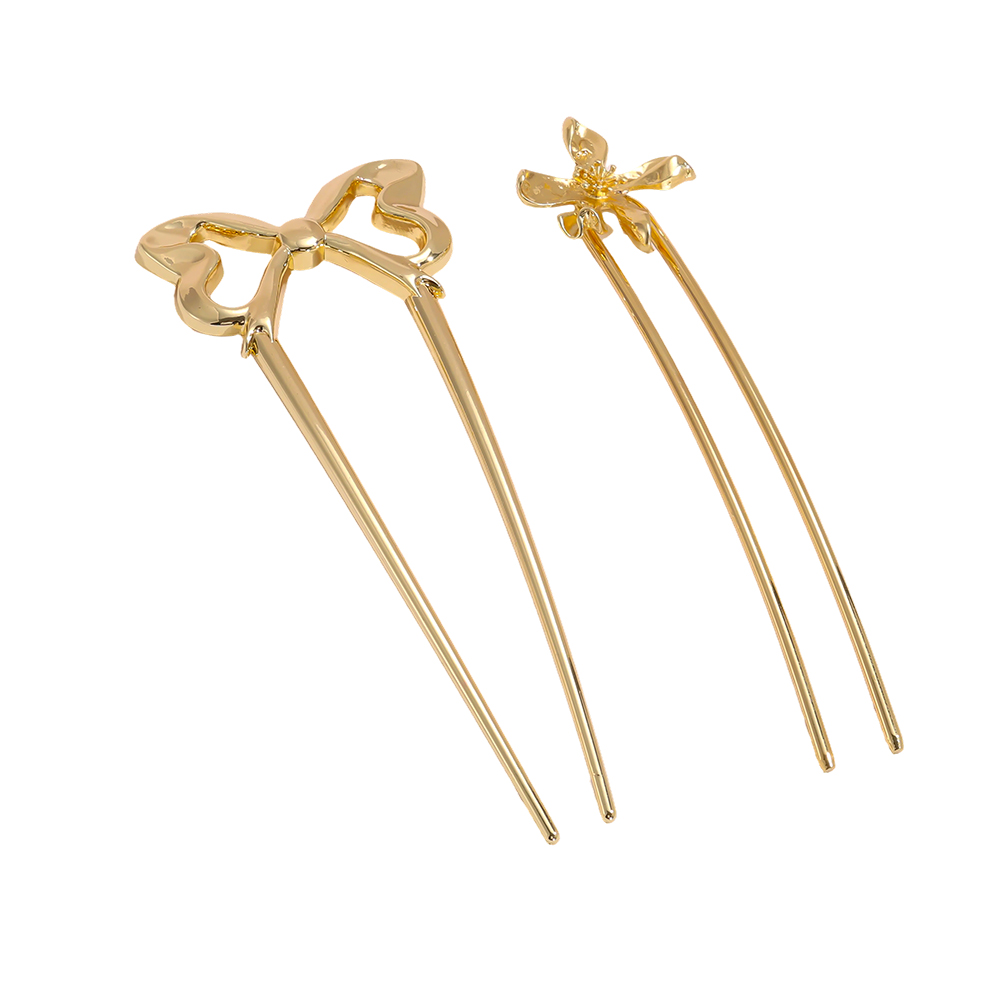 12.5cm, set of 2 gold bows and flowers hairpin set   