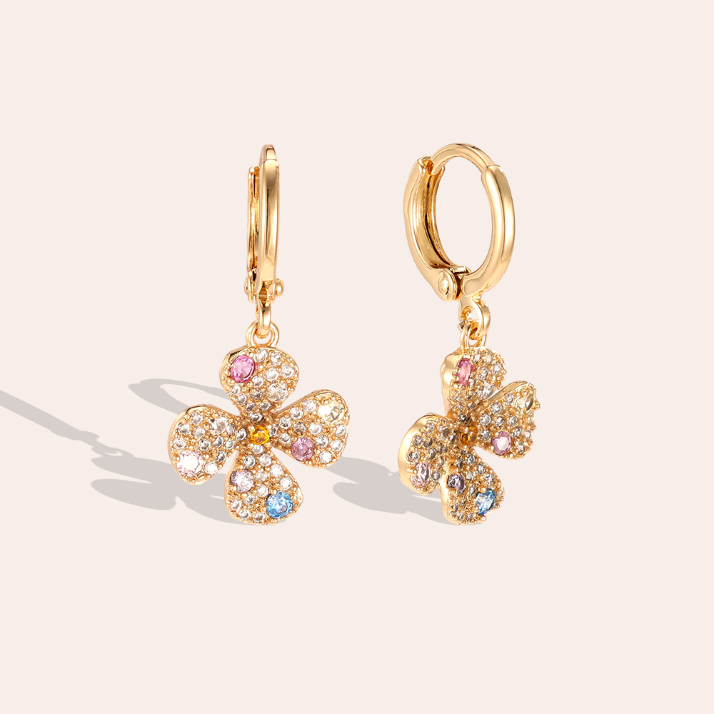 Gold-plated earrings, 28mm four-petalled zirconia flower  