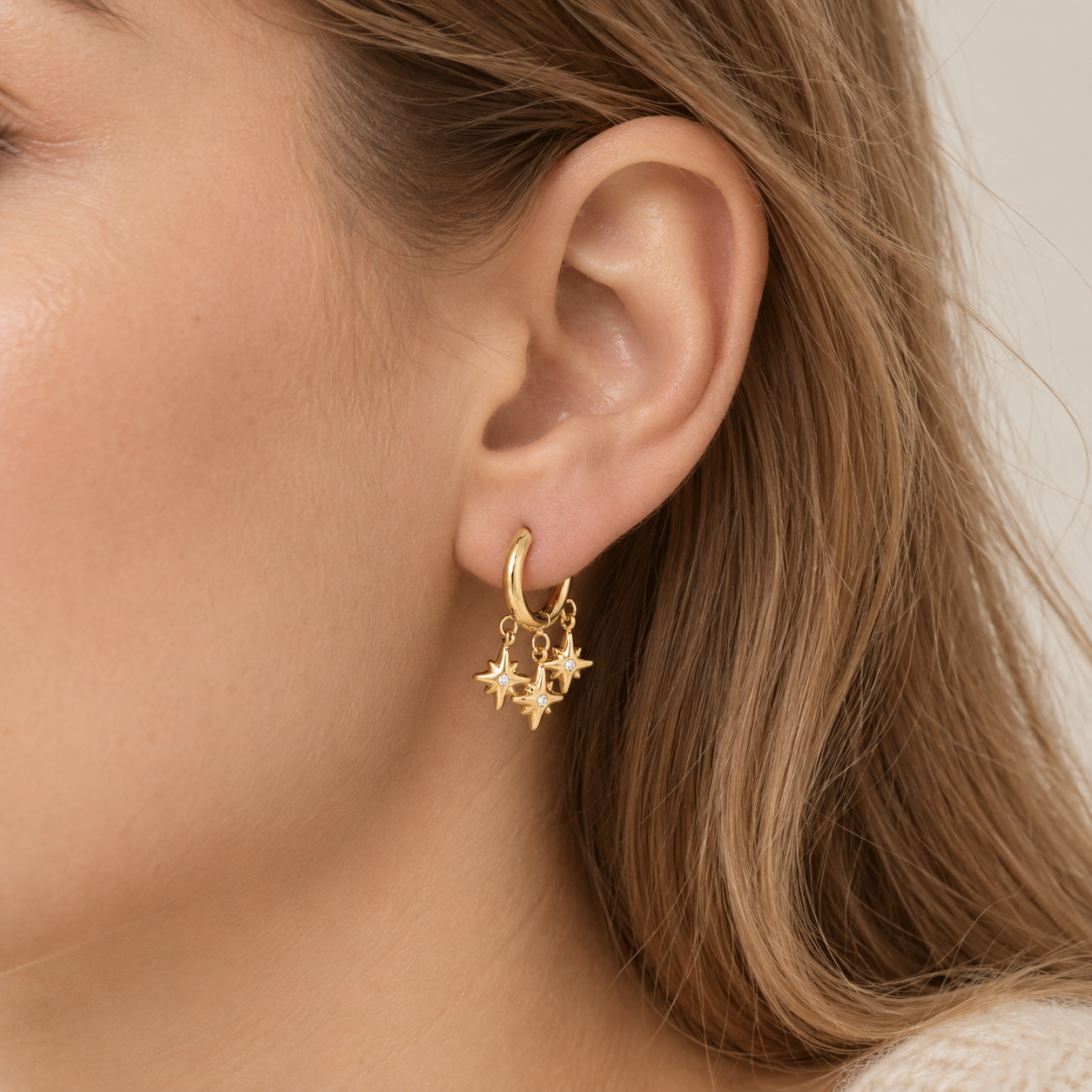 Stainless steel earrings, 21 × 13 mm, three stars