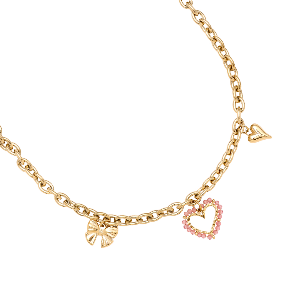 Stainless steel necklace 42cm Pink Heart And Charms