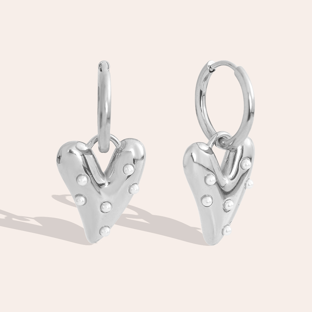 Stainless steel earrings 3cm heart with small pearls