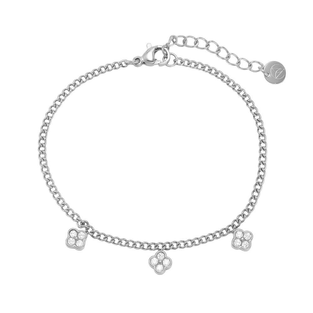 Stainless steel bracelet, 17 cm, with three shamrocks and cubic zirconia