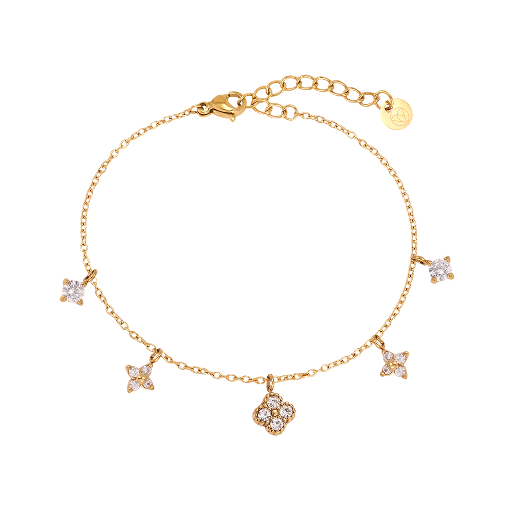 Stainless steel bracelet, 17 cm, with various cubic zirconia cloverleaf designs 