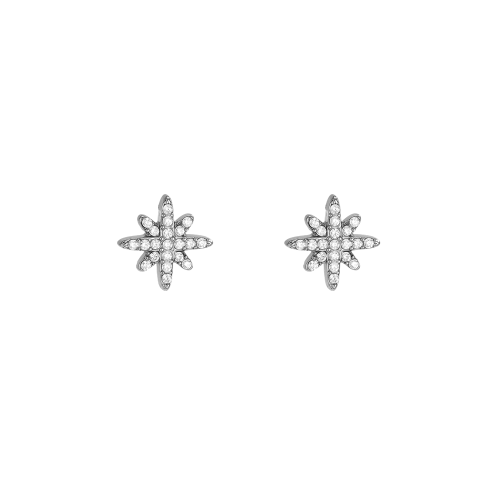 Stainless steel earrings, 10 mm, cubic zirconia, eight-pointed star