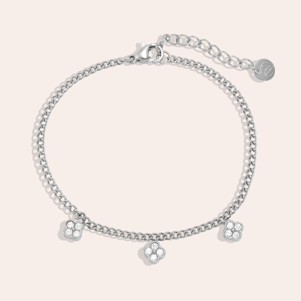 Stainless steel bracelet, 17 cm, with three shamrocks and cubic zirconia