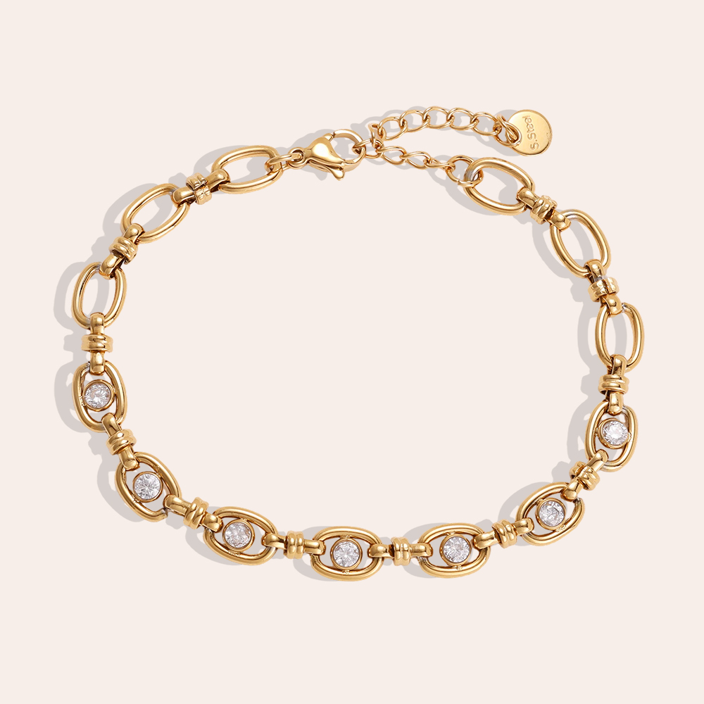 Stainless steel bracelet, 17 cm, with an oval chain and cubic zirconia