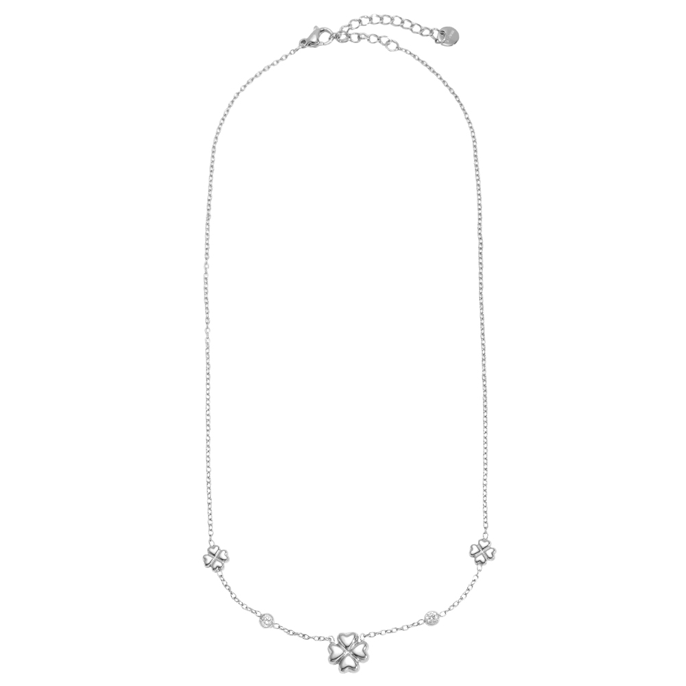 Stainless steel necklace, 41cm, four-leaf clover with zirconia dots
