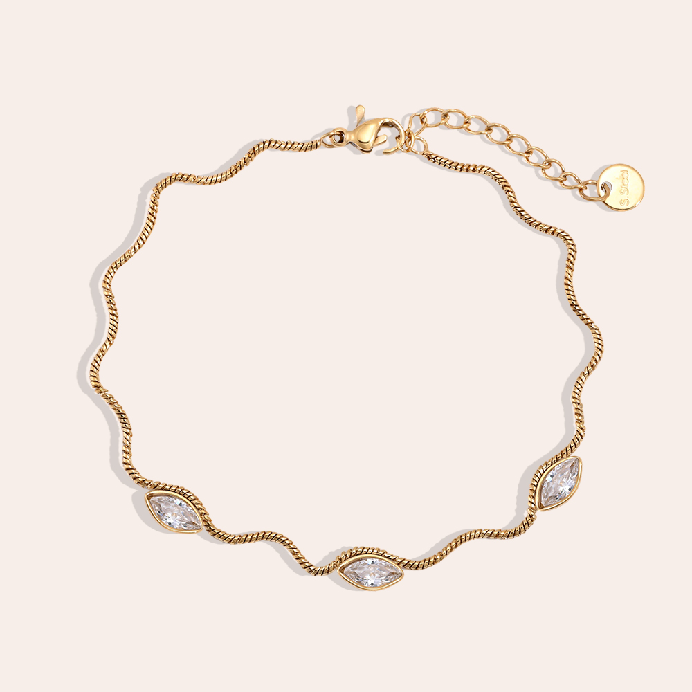 Stainless steel bracelet, 17 cm, wave chain with eyelet and cubic zirconia