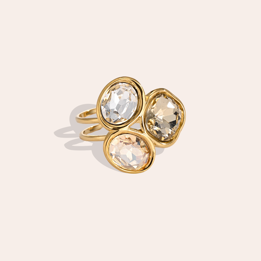 Stainless steel ring, adjustable, with three glass stones in different colours 