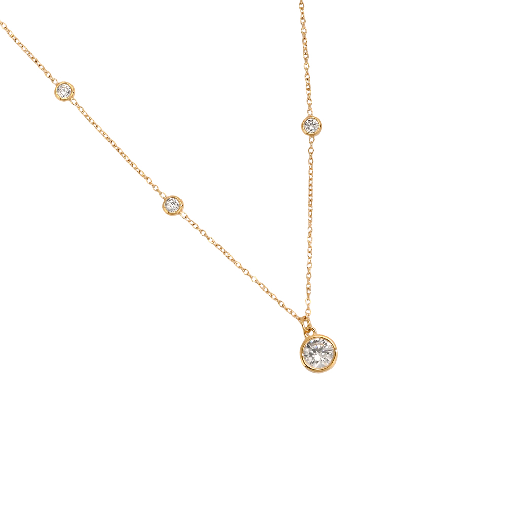 Stainless steel necklace, 40 cm, round cubic zirconia