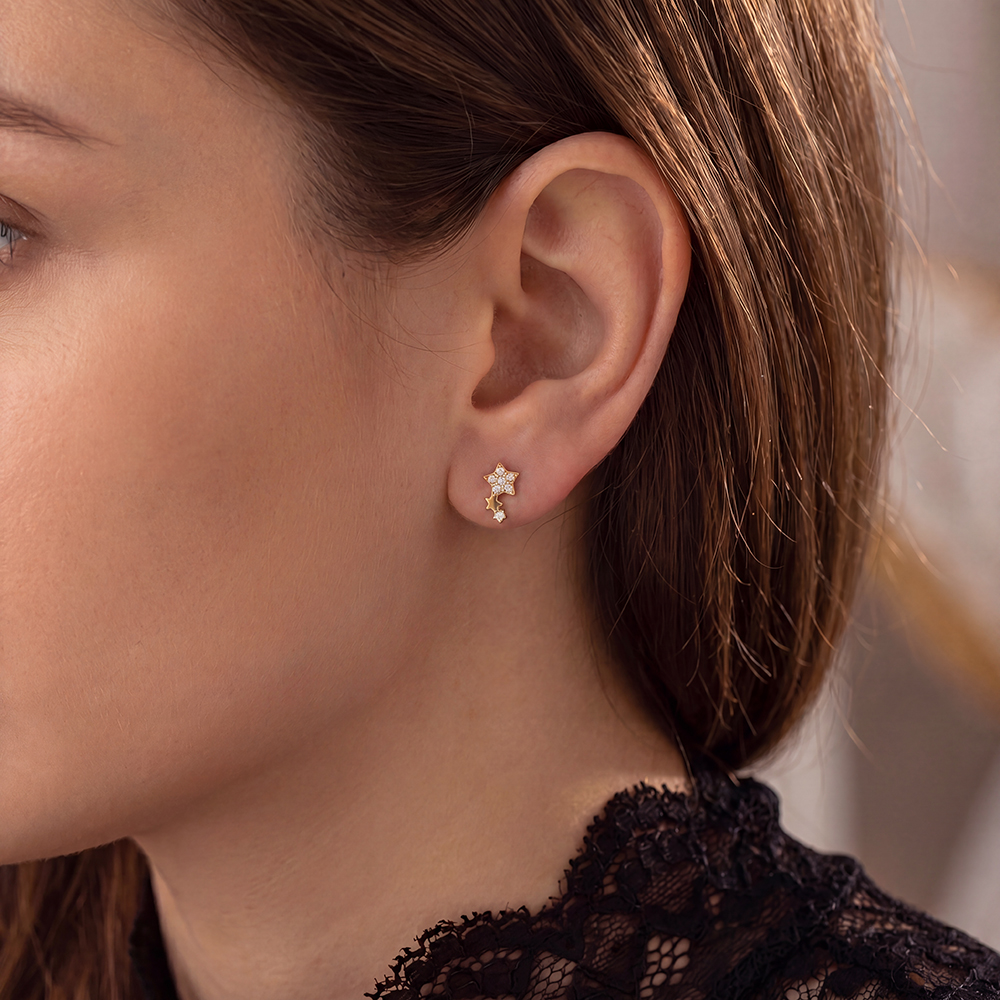 Stainless steel earrings, 8mm cubic zirconia star
