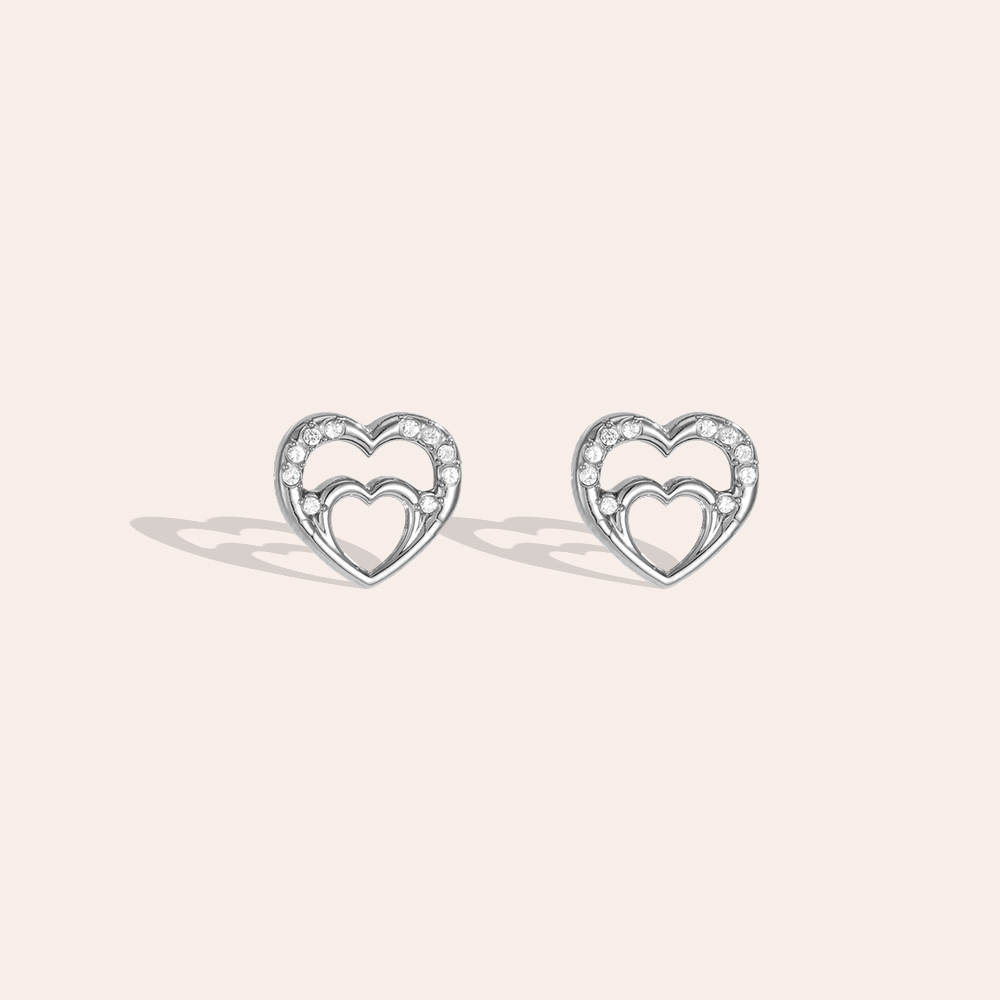 Stainless steel earrings, 10 mm, open heart, cubic zirconia