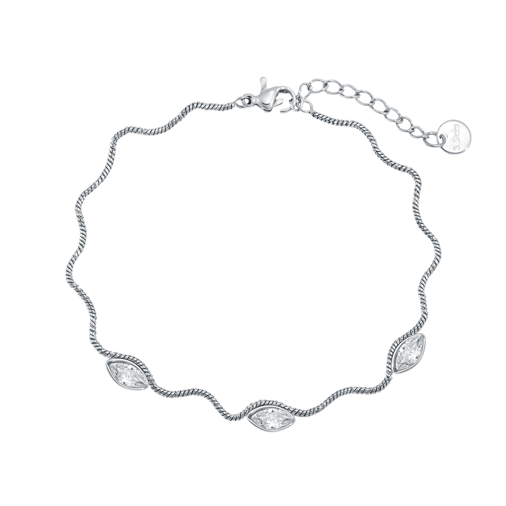 Stainless steel bracelet, 17 cm, wave chain with eyelet and cubic zirconia