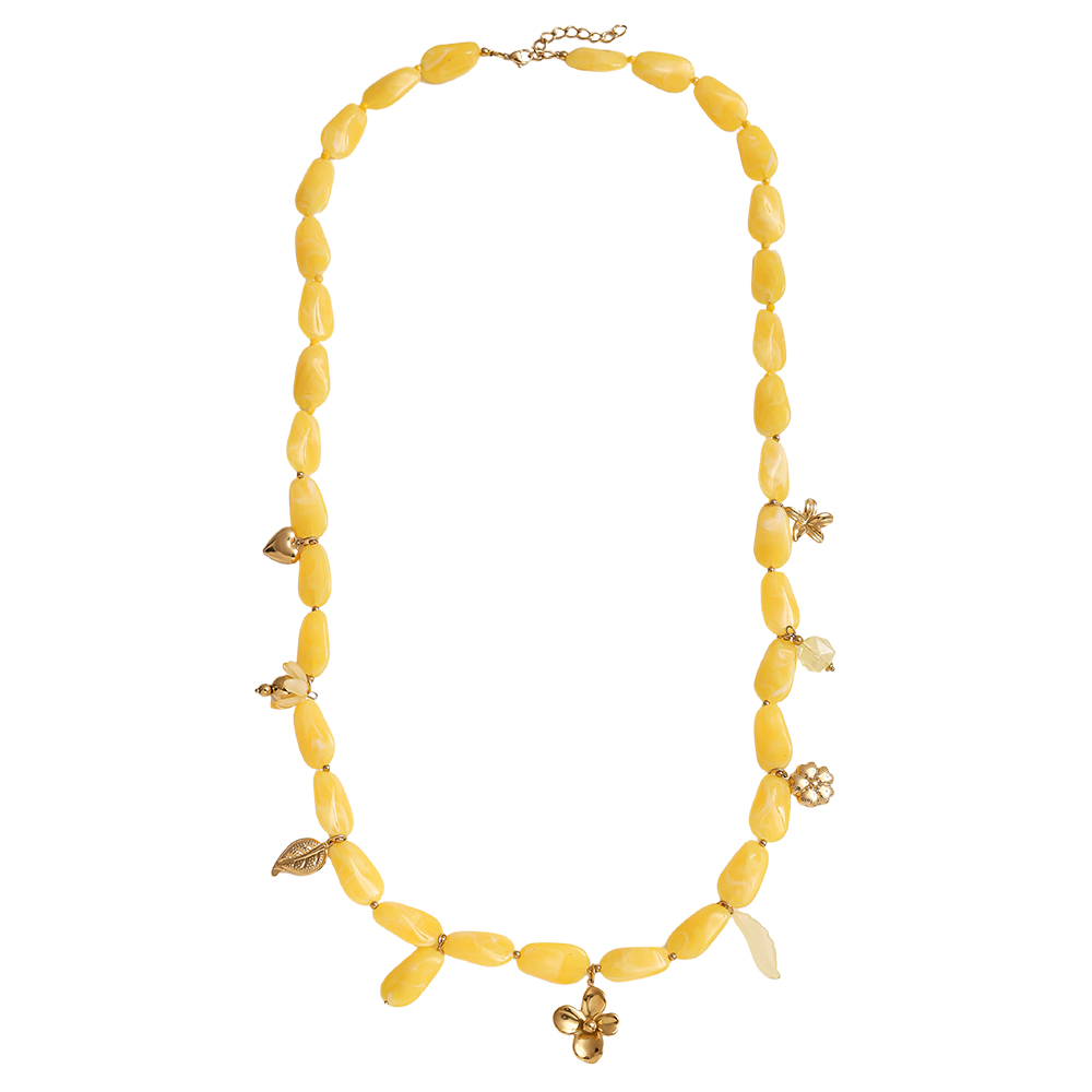 Stainless steel necklace 90cm elongated acrylic pieces and golden flowers