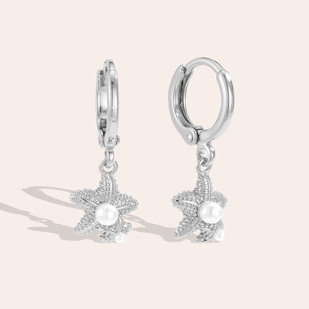 Gold-plated earrings 25mm pearls and starfish