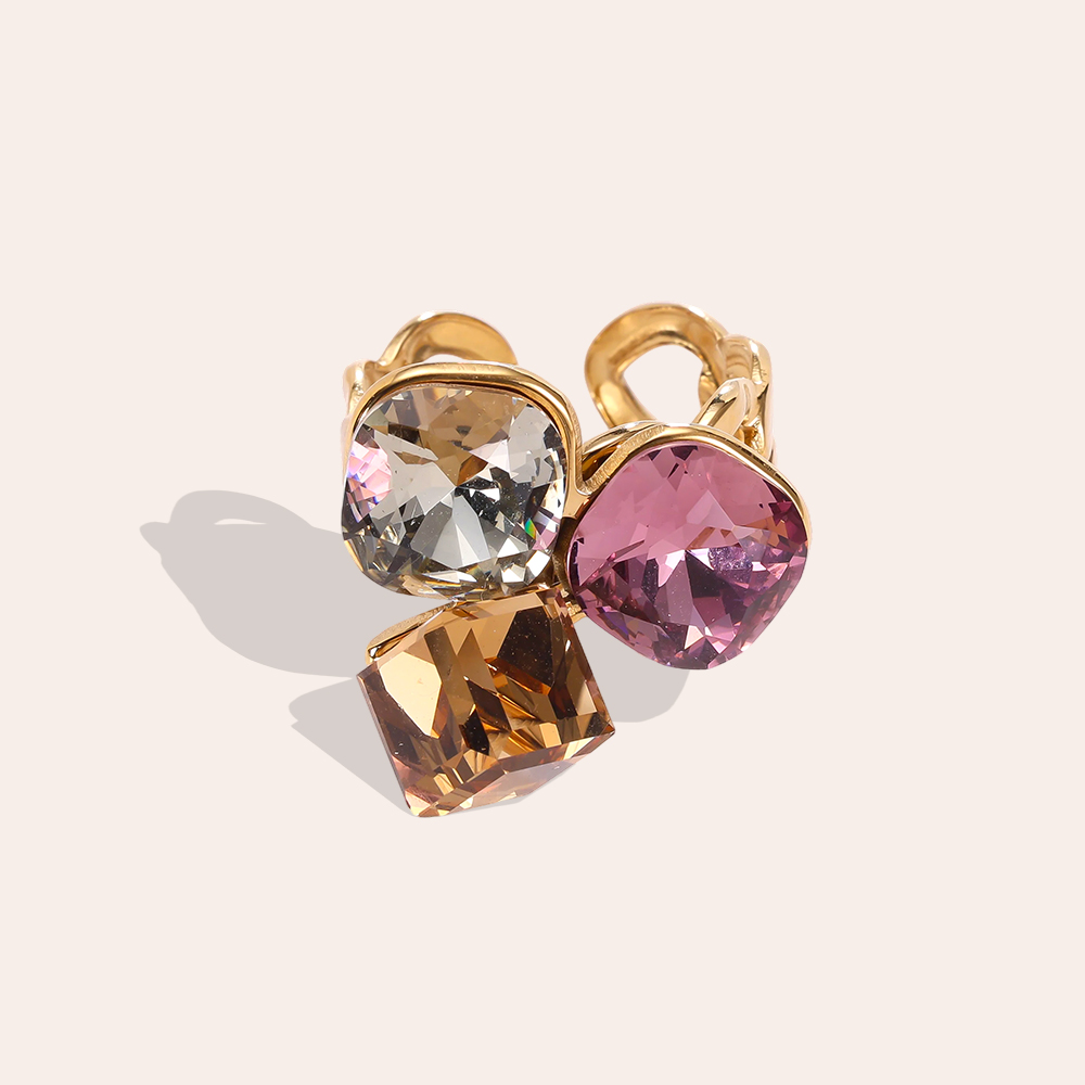 Stainless steel ring, adjustable, with three large glass stones in different colours