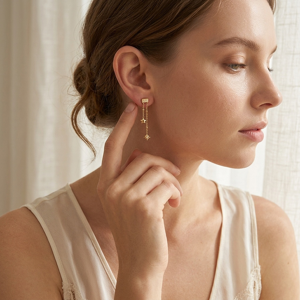 Stainless steel earrings, 41×6 mm, star chain with cubic zirconia 