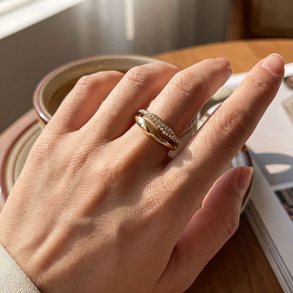 Stainless Steel Ring, Adjustable, with Double Zirconia