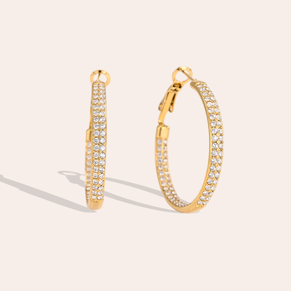 Stainless steel earrings, 32 mm, double-row, cubic zirconia