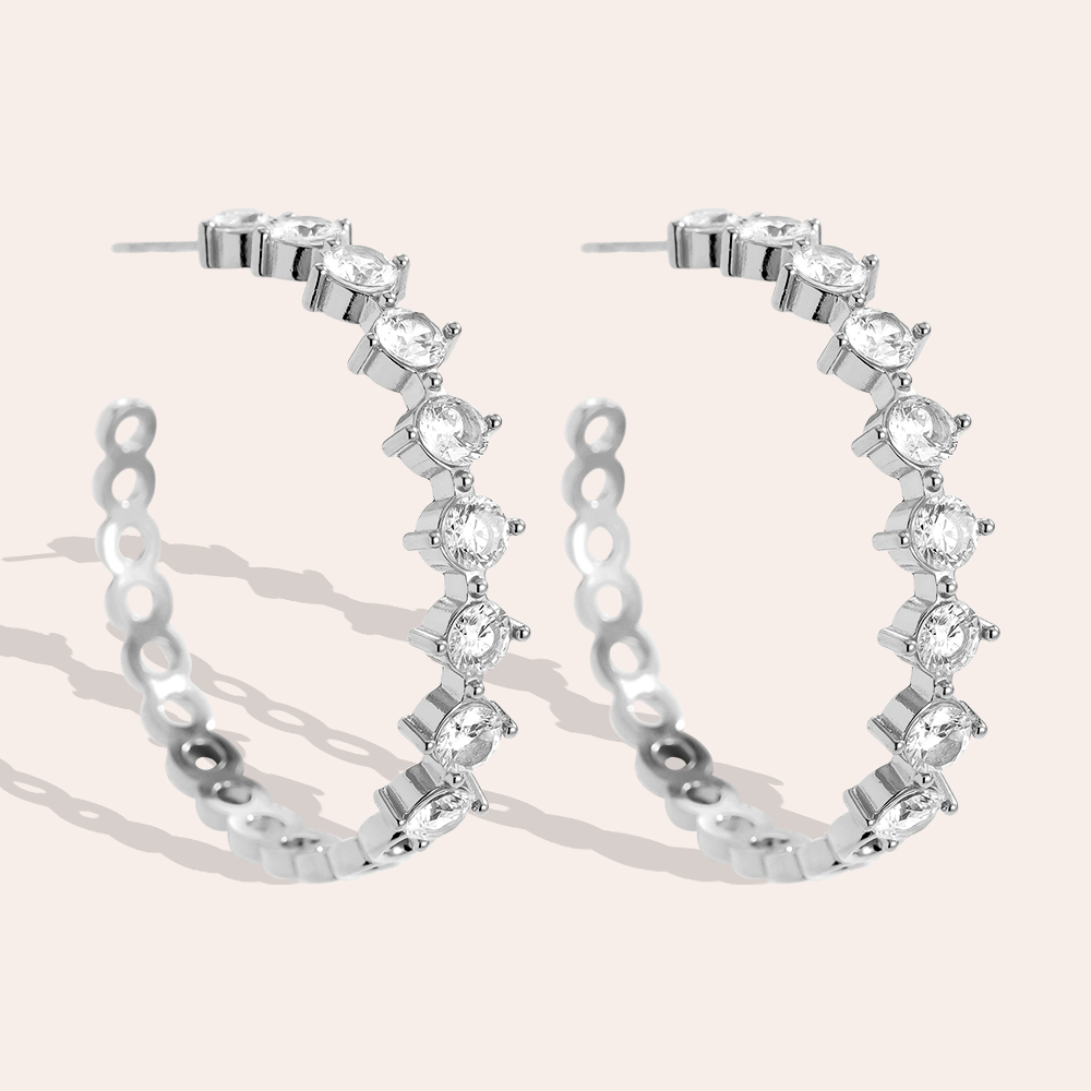 Stainless steel earrings, 40mm, C-shaped cubic zirconia