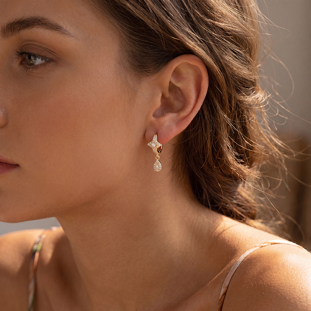 23mm gold-plated earrings with a sparkling zircon star and teardrop