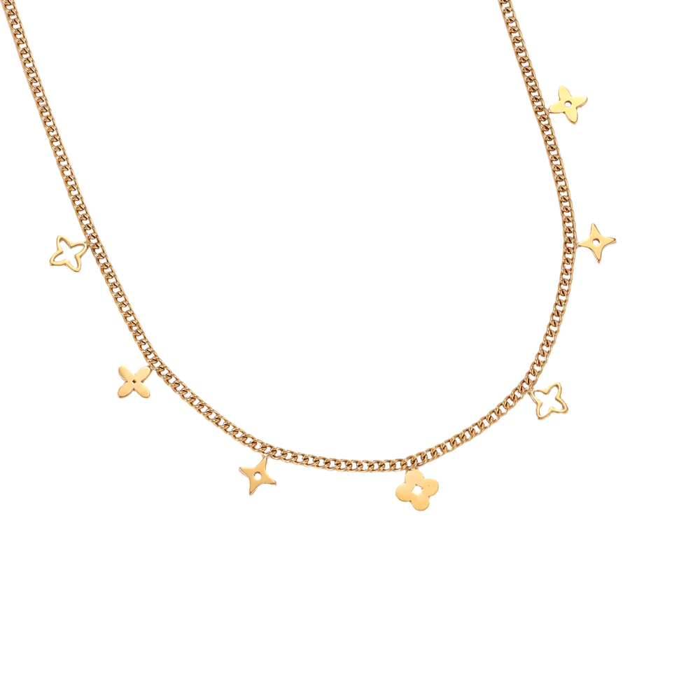 Stainless steel necklace, 38cm, featuring various four-leaf clovers