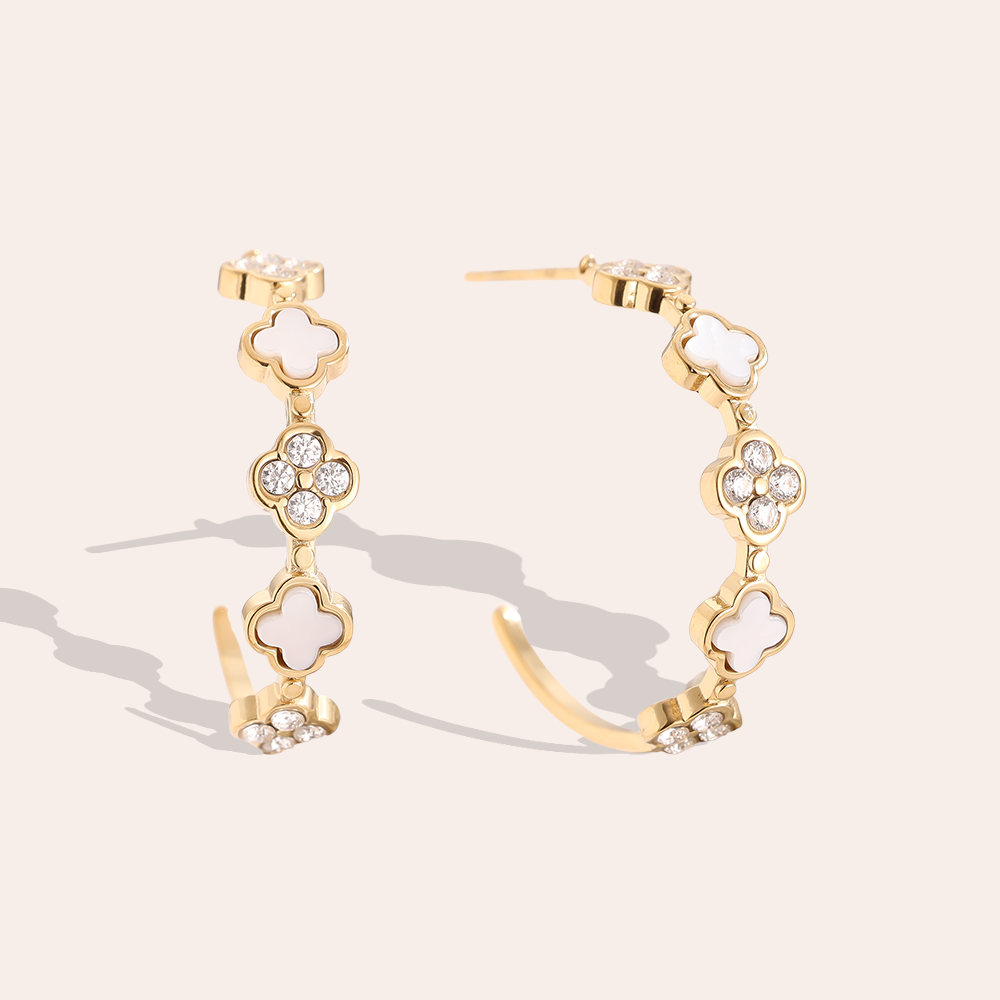 Stainless steel earrings 25mm Lucky Flower Half Hoop