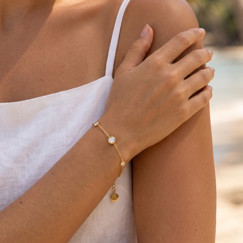 Stainless steel bracelet, 17 cm, round cubic zirconia