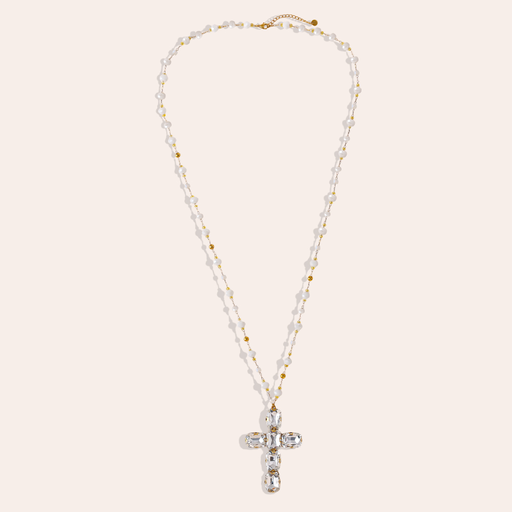 Stainless steel necklace 86cm glass crystal cross 