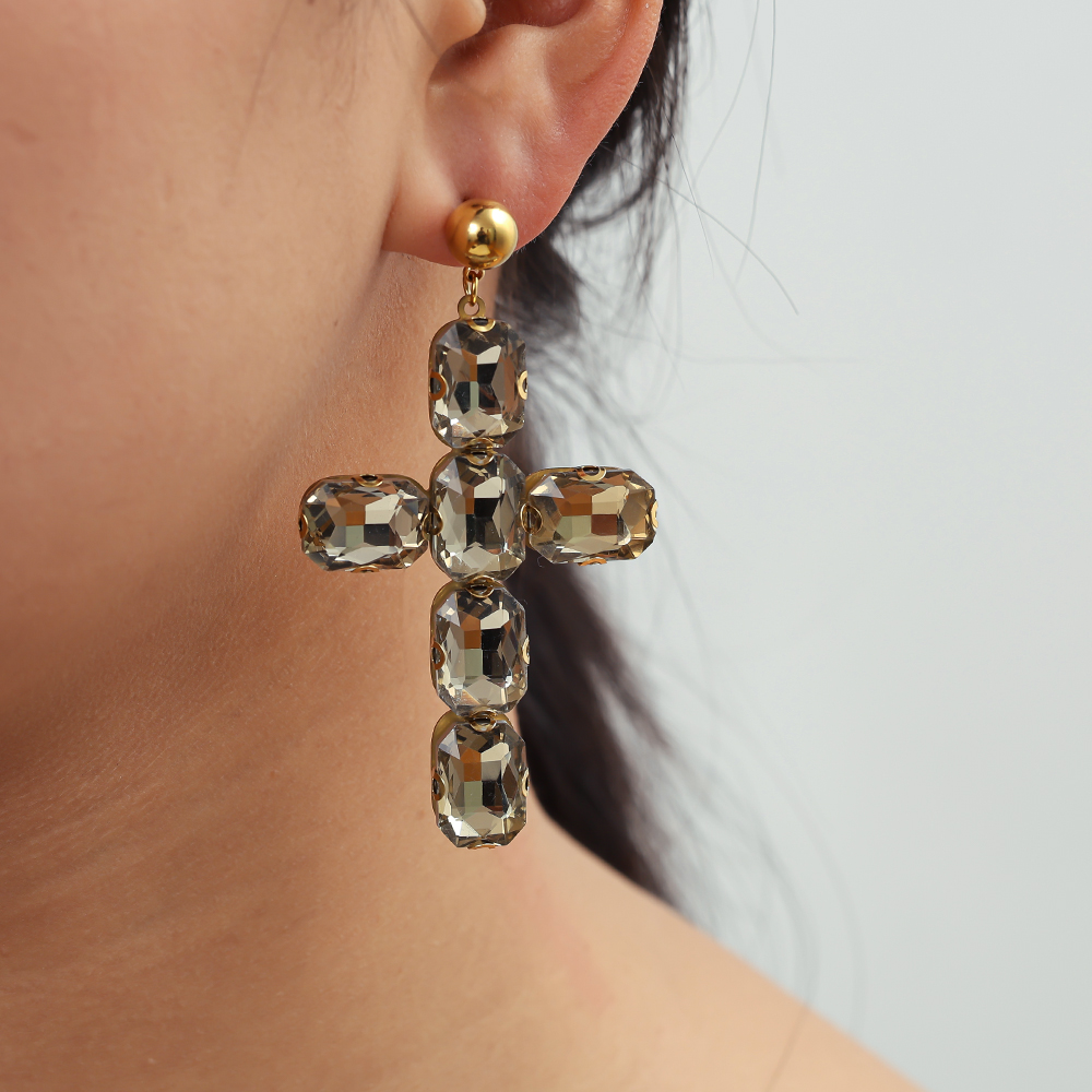 Stainless steel earrings, 70 mm, glass crystal cross 