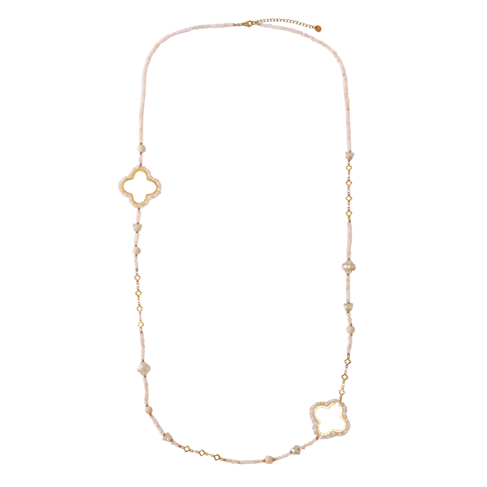 Stainless steel necklace 96cm cloverleaf and crystals
