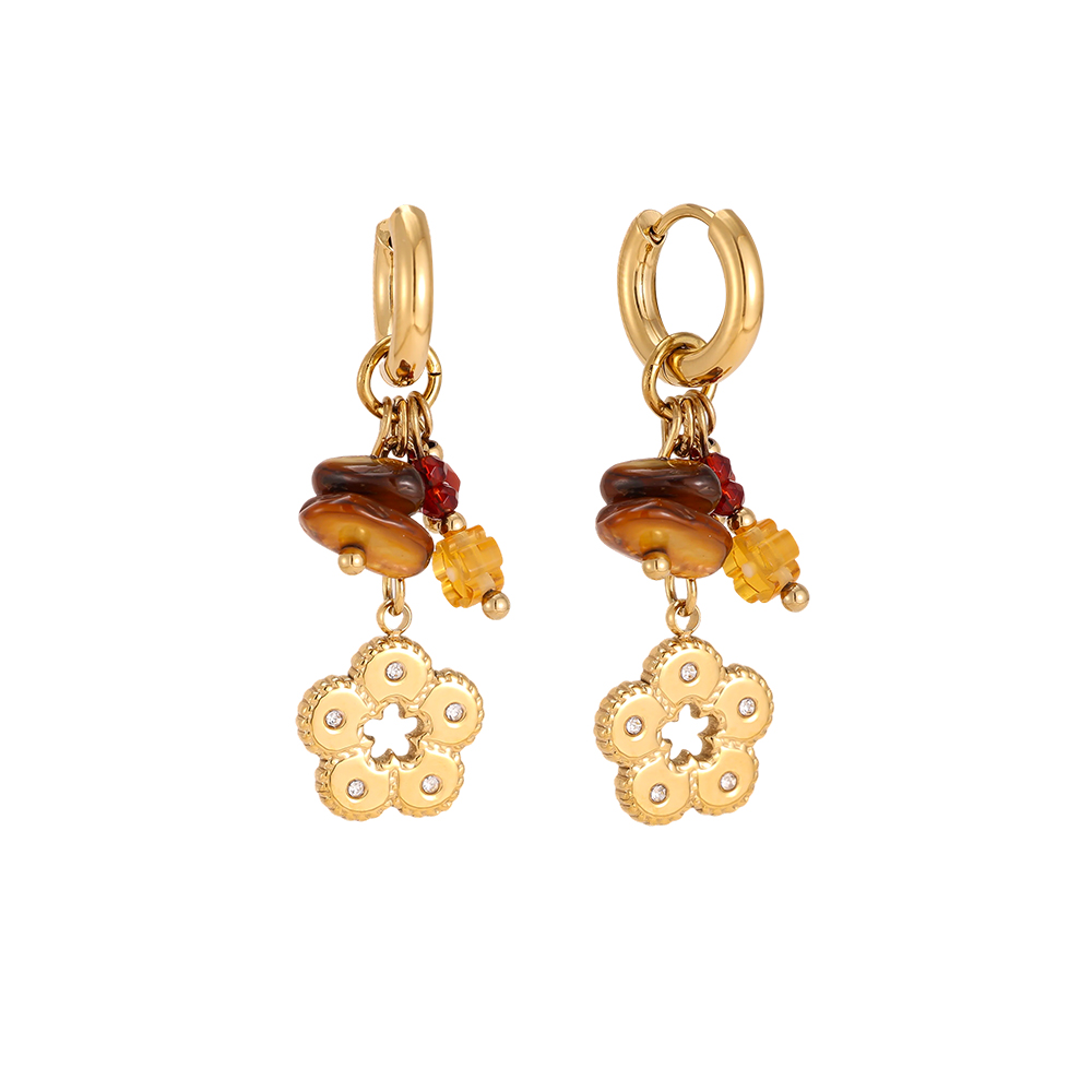 Stainless steel earrings, 42 x 13 mm, gold-coloured flowers with crystal and glass