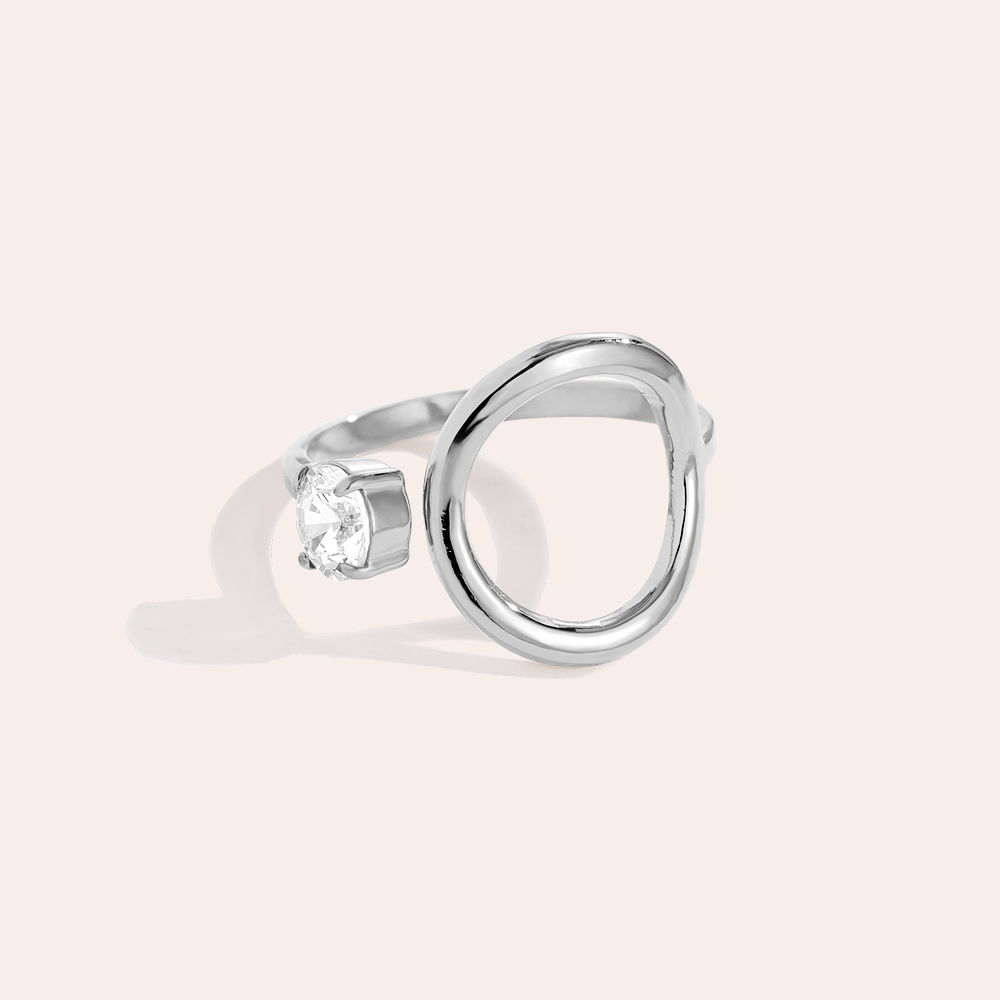 Stainless steel ring, adjustable band with cubic zirconia    