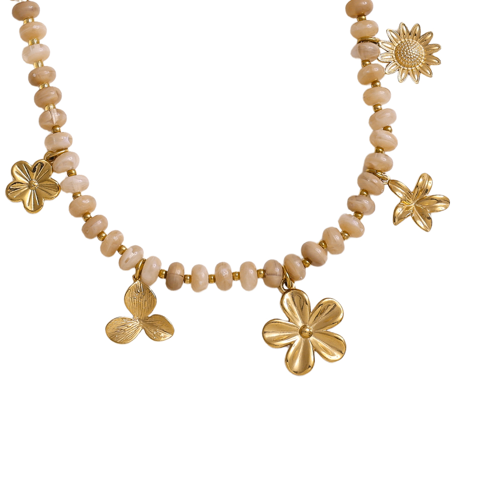 Stainless steel necklace 47cm small acrylic beads and golden flowers