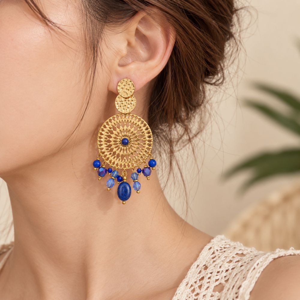 Stainless steel earrings, 32 x 76 mm, Oriental Blue Mandala