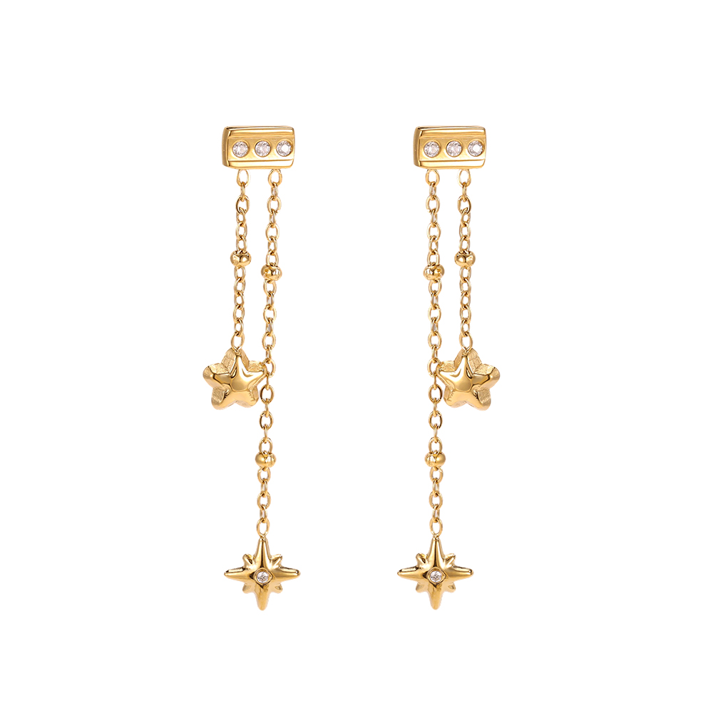Stainless steel earrings, 41×6 mm, star chain with cubic zirconia 