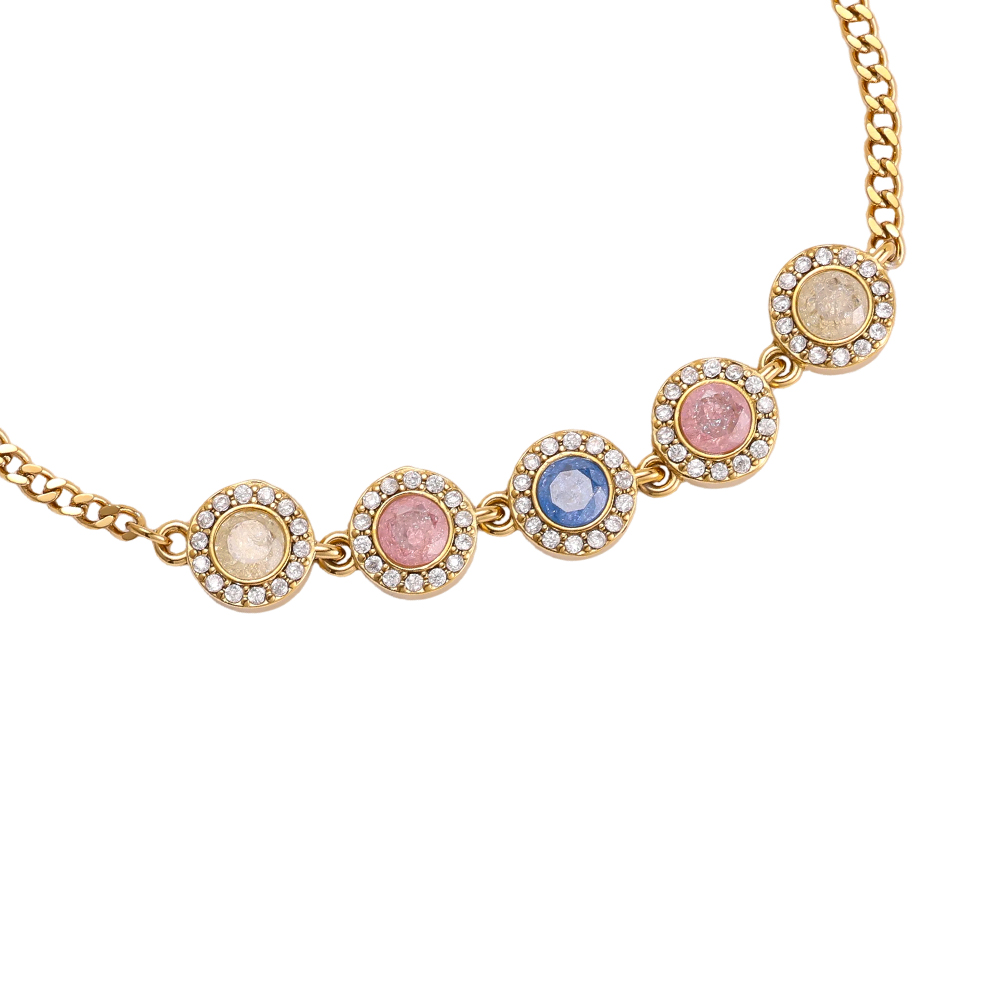 Stainless steel bracelet, 17 cm, with 5 colourful, sparkling cubic zirconia stones  