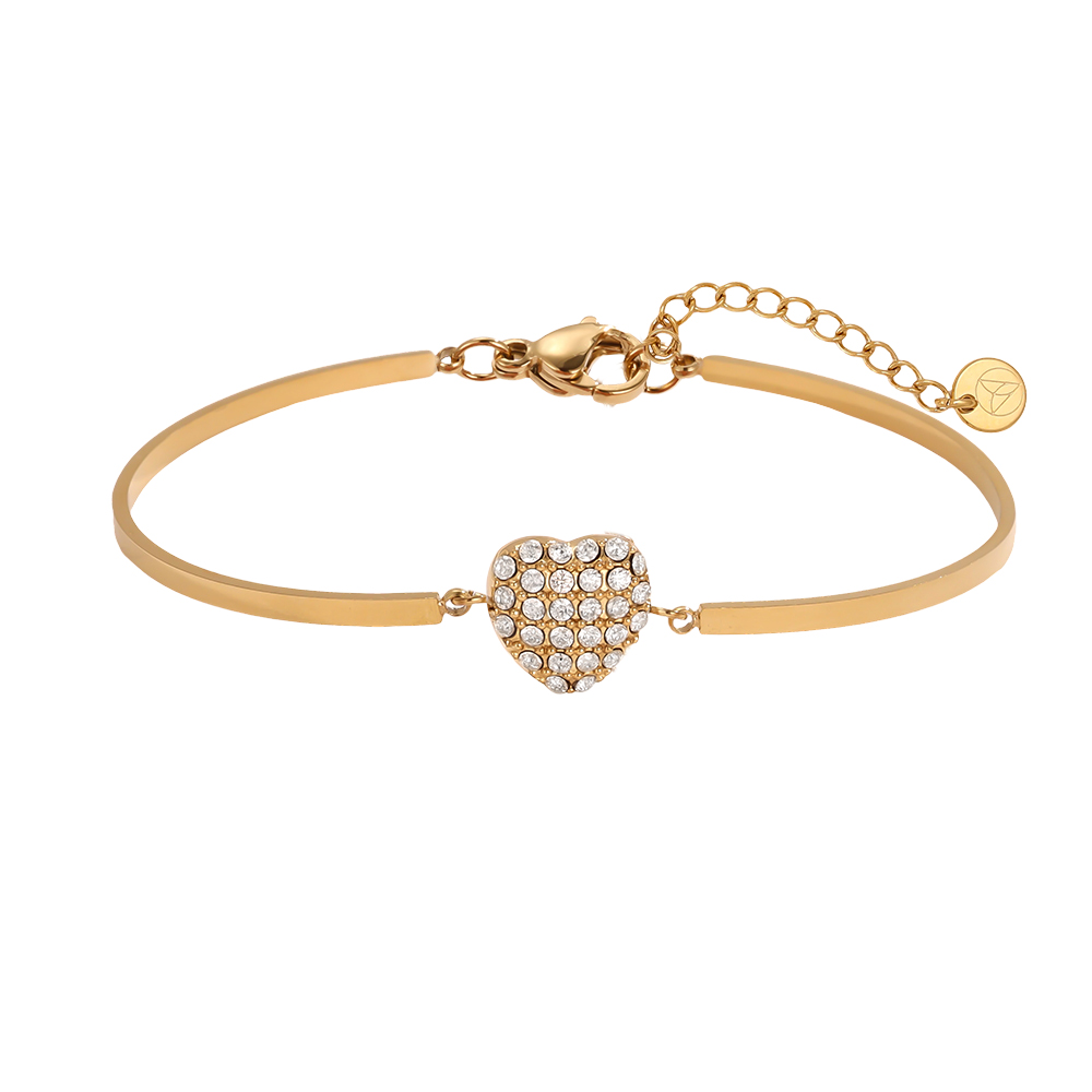 Stainless steel bracelet, adjustable, twin-ring design, heart-shaped rhinestone  