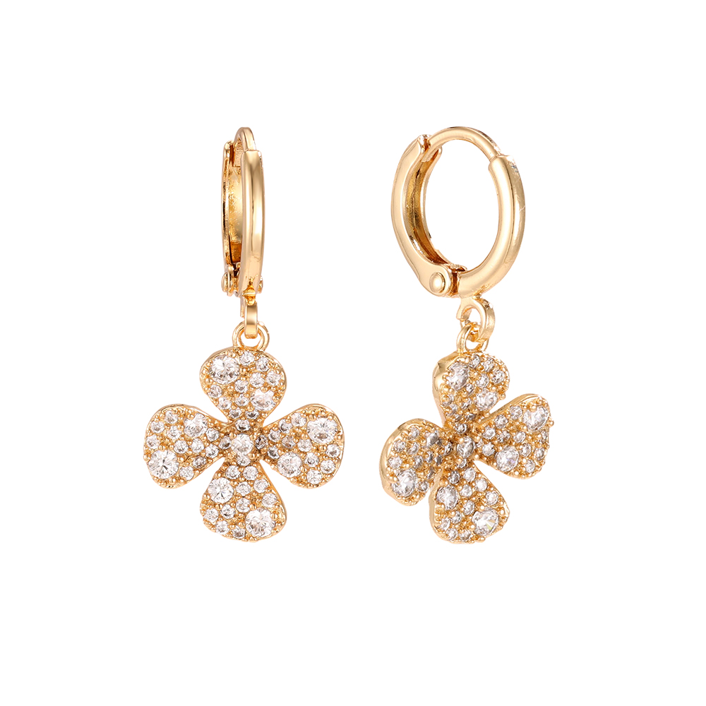 Gold-plated earrings, 28mm four-petalled zirconia flower  