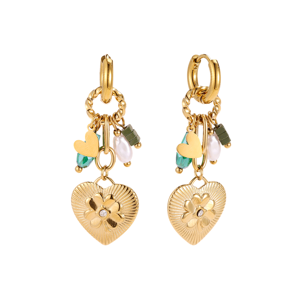 Stainless steel earrings, 46×17 mm, heart-shaped with a floral motif