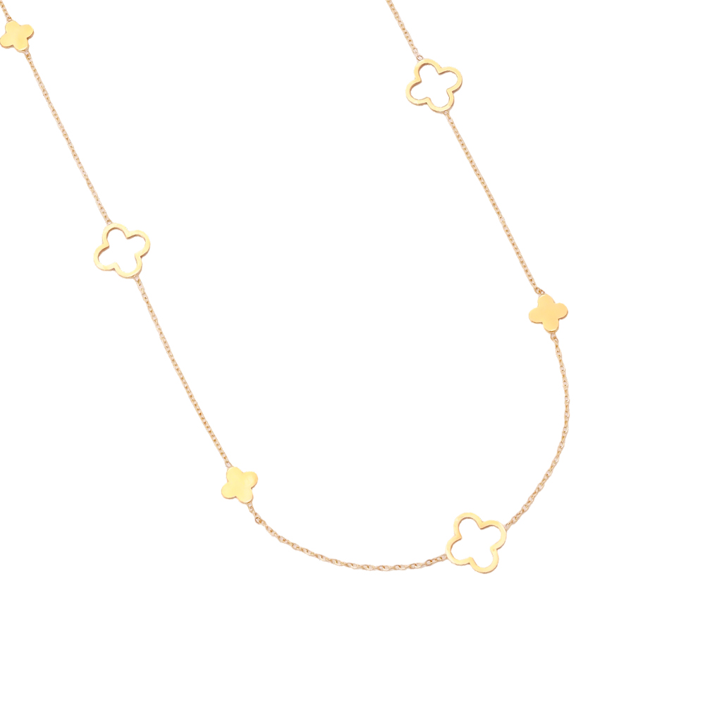 Stainless steel necklace, 80 cm, featuring a few distinctive, simple shamrocks  
