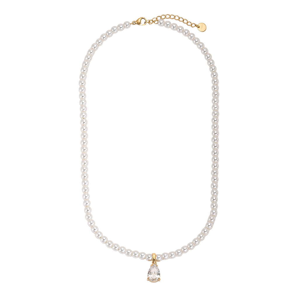 Stainless steel necklace, 39 cm, with teardrop-shaped cubic zirconia and a pearl chain
