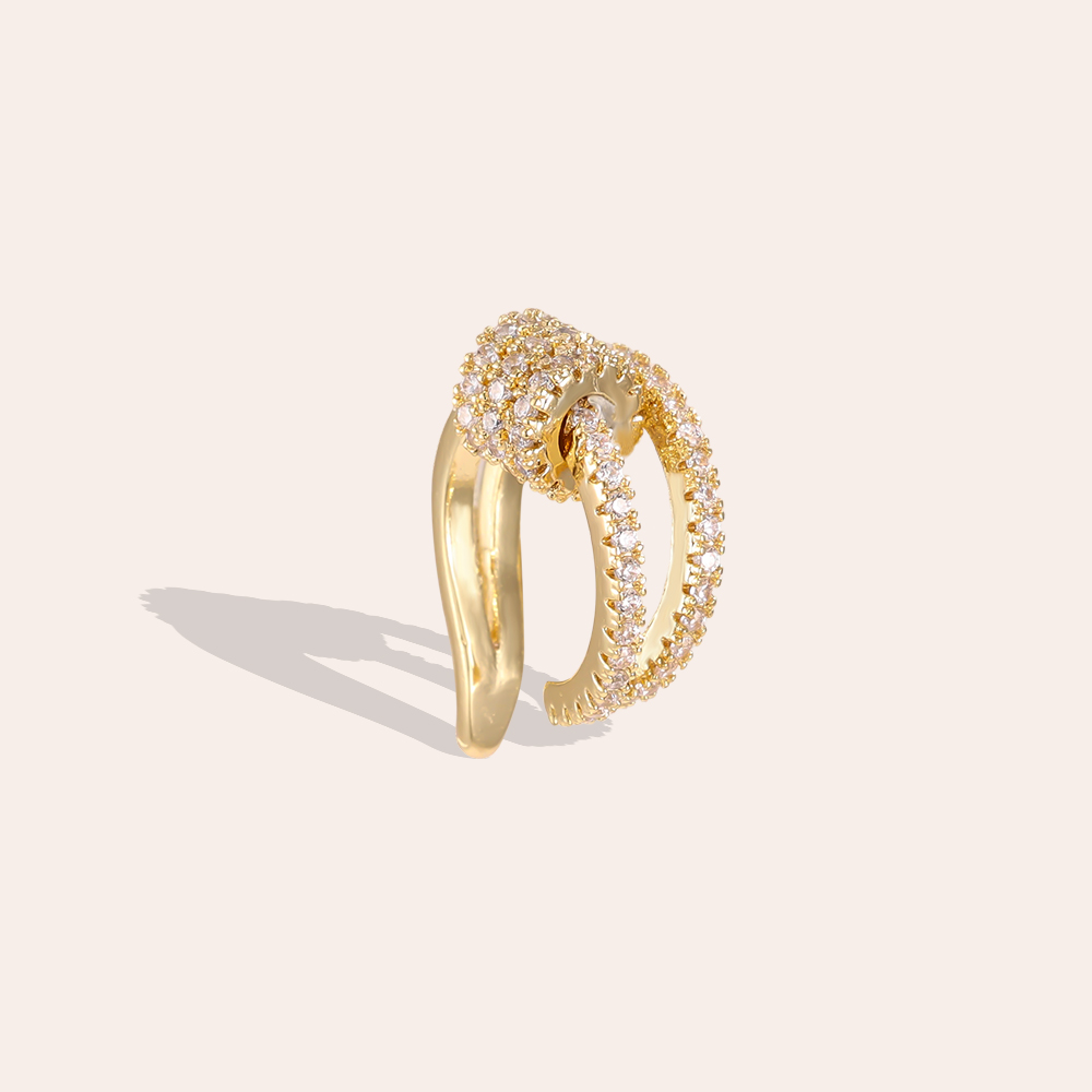 Gold-plated ear cuffs, 15mm, double-layered design with a small circle of cubic zirconia