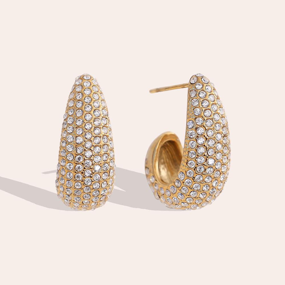 Stainless steel earrings, 20 mm, fully set with cubic zirconia 