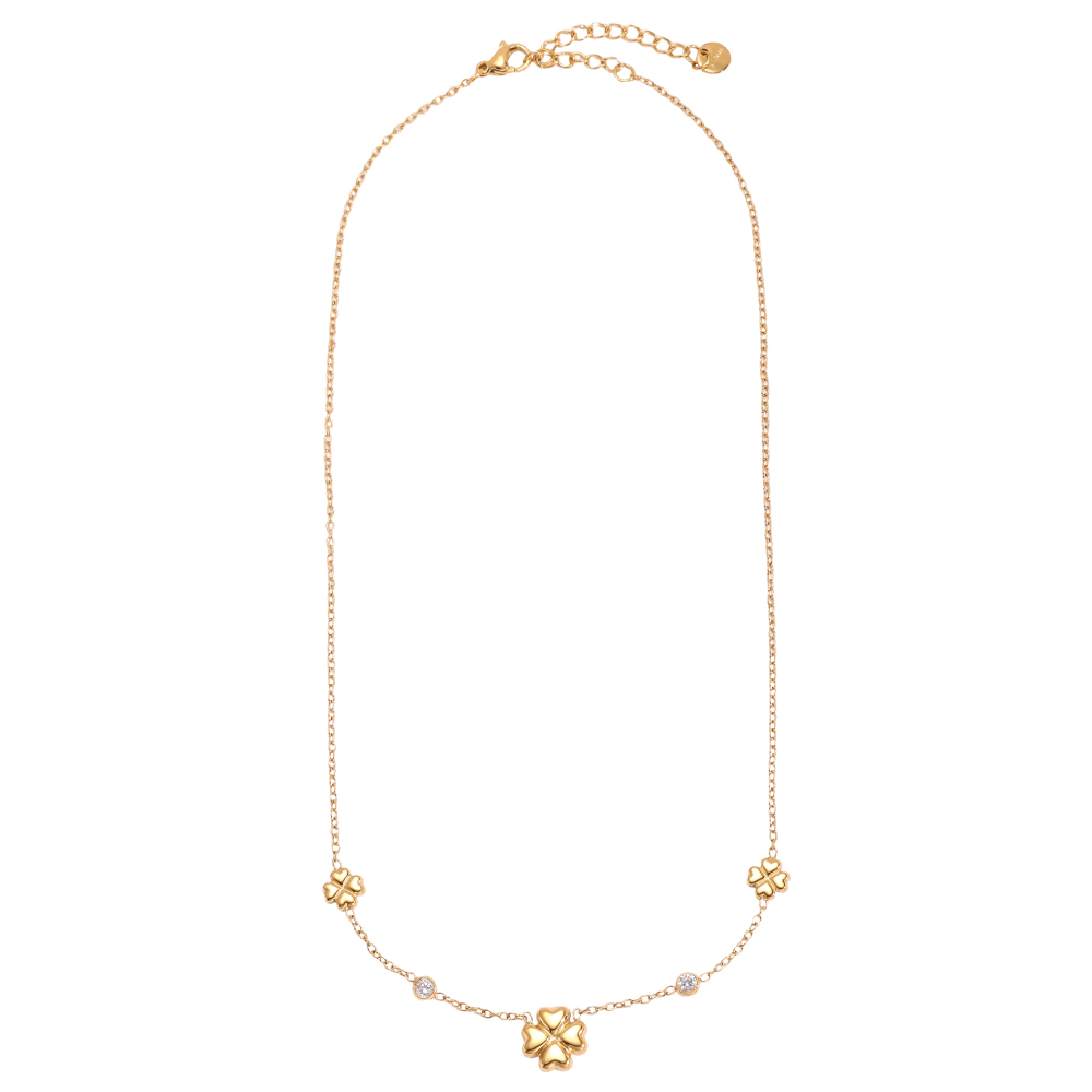 Stainless steel necklace, 41cm, four-leaf clover with zirconia dots