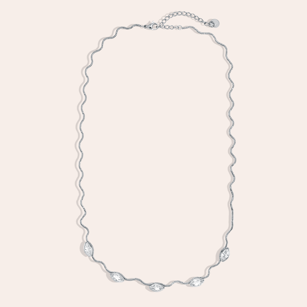 Stainless steel necklace, 42 cm, wave chain with eyelet and cubic zirconia
