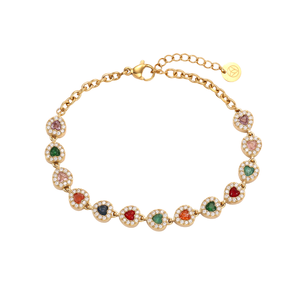 Stainless steel bracelet, 17 cm, with colourful hearts and sparkling cubic zirconia   