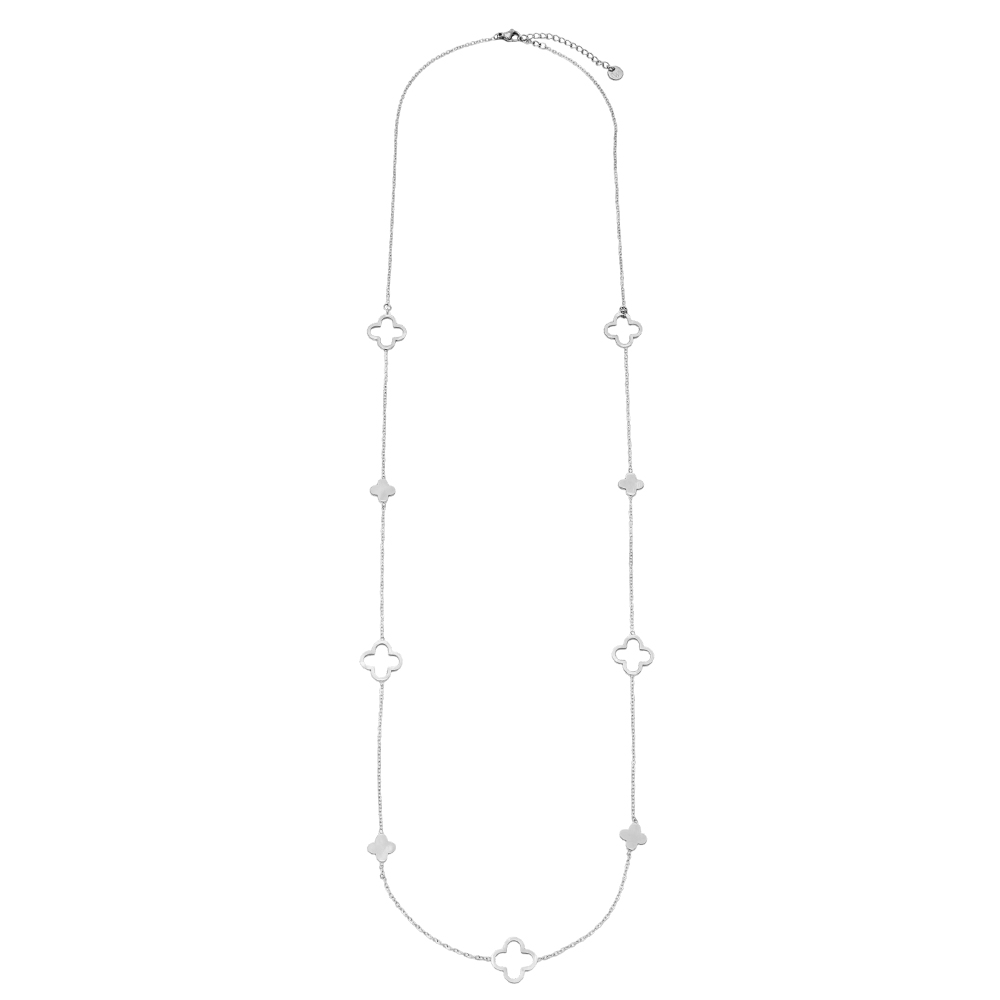 Stainless steel necklace, 80 cm, featuring a few distinctive, simple shamrocks  